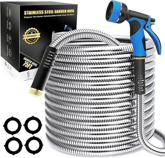 Lefree Garden Hose 75ft, Metal Garden Hose, Stainless Steel Hose with 10-Function Nozzle, Flexible Water Hose, Heavy Duty, Crush Resistant, Leak Proof, No Kinks Garden Hoses for Yard, Outdoors, Rv