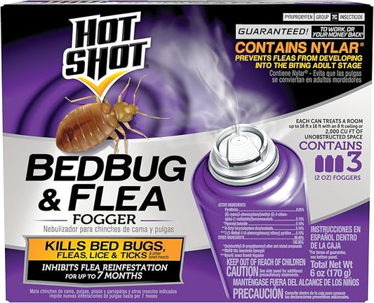 Hot Shot BedBug And Flea Fogger 3 Count-2 Ounce Cans, With Nylar, Inhibits Flea Reinfestation