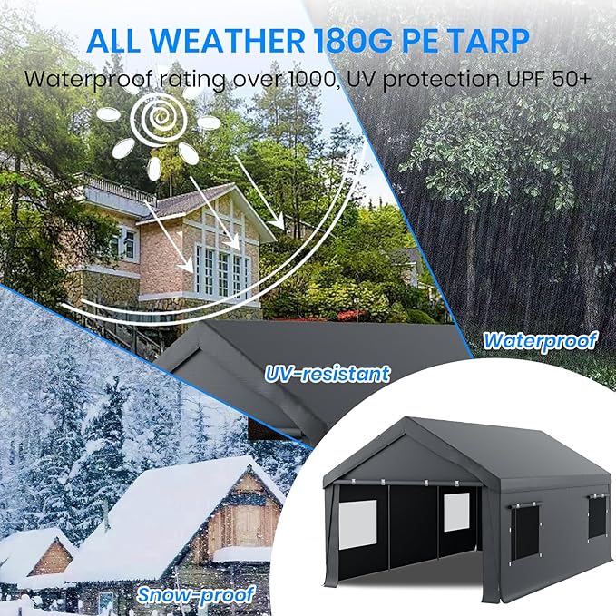 Carport 10x20 Heavy Duty Portable Garage,Carport Canopy with Roll-Up Windows & Doors,Portable Garages and Shelters with Removable Sidewalls,Car Tent Garage with All-Season Tarp for Truck Tractor Bike