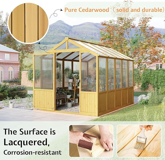 Jocisland 6x8x6.5 Ft Wooden Greenhouse, Pre-Assembled Solid Cedar Frame, Walk-in Design, Lockable Door, Adjustable Roof Vents, Polycarbonate Panels for Outdoor, Garden, Backyard