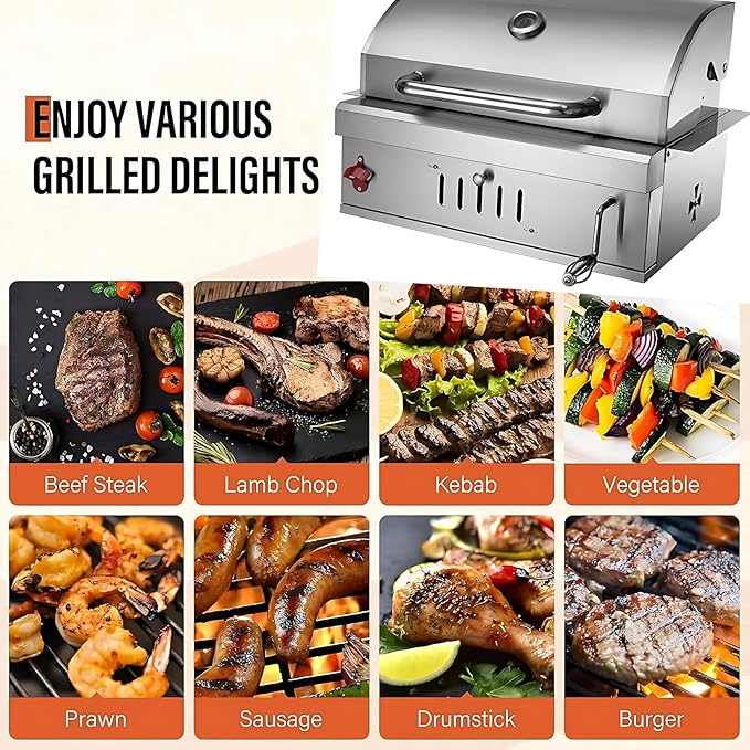 28 Inch Built In Charcoal Grills, Stainless Steel Charcoal bbq Grill Built In with Liftable Charcoal Tray, Rain Fabric cover, Insulated Hood and Temperature Gauge, for Outdoor Camping, Cooking
