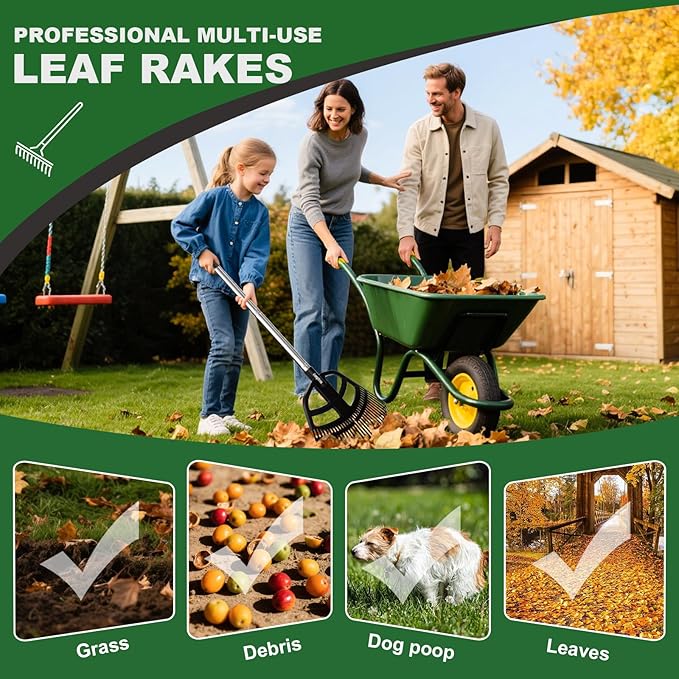 Adjustable Leaf Rake 30-65 Inch – 30 Tines Garden Rakes with Non-Slip Handle&Quick-Detach Head Lightweight Yard Rake for Wet Leaves, Pine Needles, Gravel