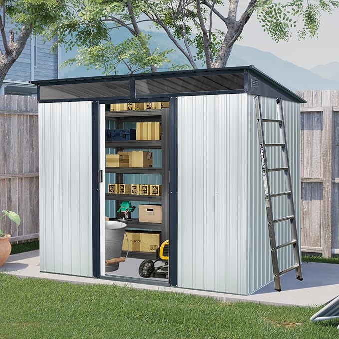 8x6 FT Outdoor Metal Storage Shed with Lockable Sliding Doors and Transparent Plate - Patio Shed for Backyard, Garden, Lawn (White and Black)