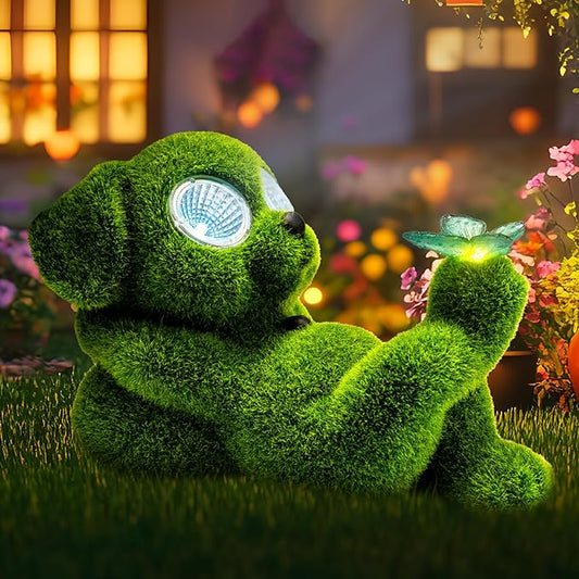 Solar Topiary Dog Garden Statue with Butterfly Garden Decor Clearance for Yard Decorations Outdoor Lawn Ornaments Porch Patio Balcony - Birthday Gifts for Grandma Mom Women