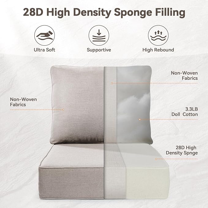 Luxury 6" Outdoor Cushions for Patio Furniture, 24x24x6 Thick Seat Cushion Set of 4, Fade Resistant Couch Chair Replacement Cushions High Density Deep Wicker Chair Cushion w/Removable Cover, Beige