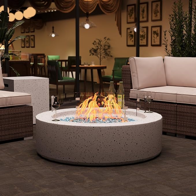 3-Piece Outdoor Propane Fire Pit Table Set – Premium Terrazzo-Like MgO Finish, Round Gas Fire Table with Tank Table & Glass Wind Guard for Patio, Garden & Backyard, Includes Rain Cover & Glass Beads