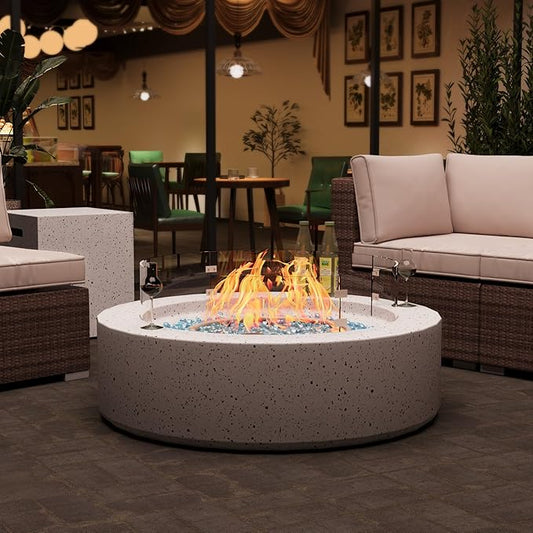 3-Piece Outdoor Propane Fire Pit Table Set – Premium Terrazzo-Like MgO Finish, Round Gas Fire Table with Tank Table & Glass Wind Guard for Patio, Garden & Backyard, Includes Rain Cover & Glass Beads