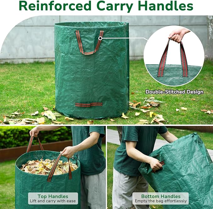 GreatBuddy 132 Gallon Reusable Yard Waste Bag, Heavy Duty, Upright Lawn Bags with 4 Reinforced Handles for Garden Leaves and Waste Collection, Lightweight (3 pack)