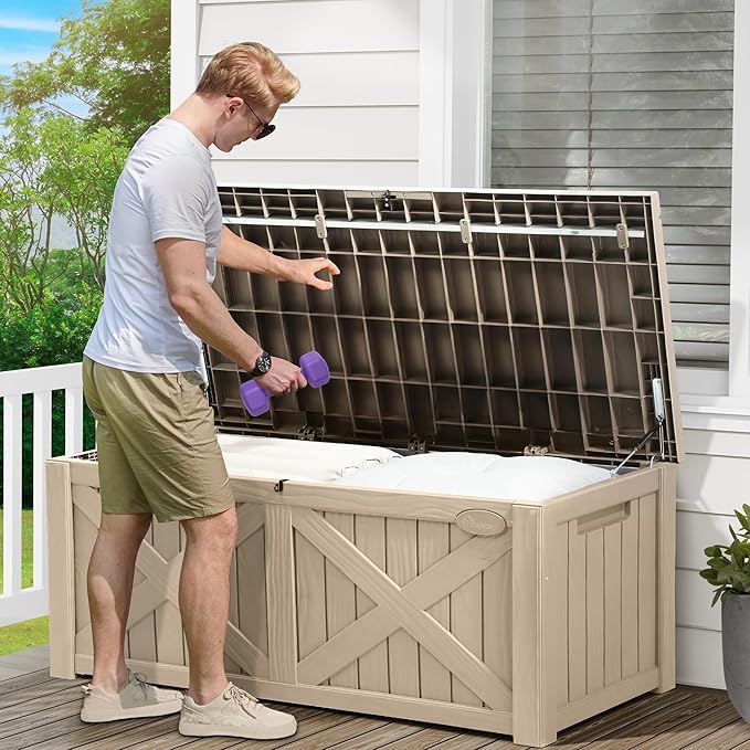 YITAHOME 120 Gallon Large Outdoor Storage Box with X-Shaped Front, Waterproof Resin Deck Box Cushion Storage Bench for Patio, Pool Supplies, Garden Tools- Lockable, Taupe