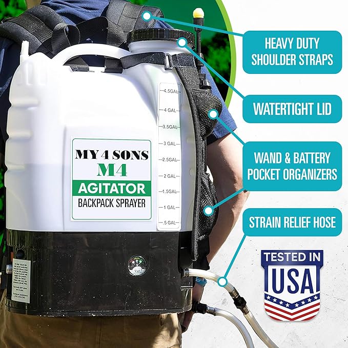 Backpack Sprayer - MY4SONS Silver M4 4-Gallon Cordless Battery Powered with Built-in Agitator - Liquid Sprayer Backpack - Heavy Duty Electric Spray for Lawn, Garden, Chemical, Fertilizers & More