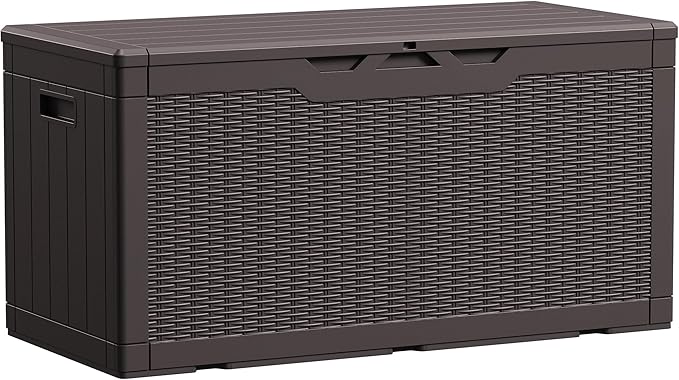 Devoko 100 Gallon Waterproof Large Resin Deck Box Indoor Outdoor Lockable Storage Container for Patio Furniture Cushions Garden Tools (100 Gallon, Dark Brown)