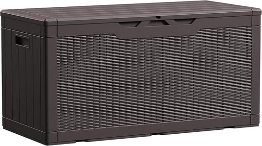 Devoko 100 Gallon Waterproof Large Resin Deck Box Indoor Outdoor Lockable Storage Container for Patio Furniture Cushions Garden Tools (100 Gallon, Dark Brown)