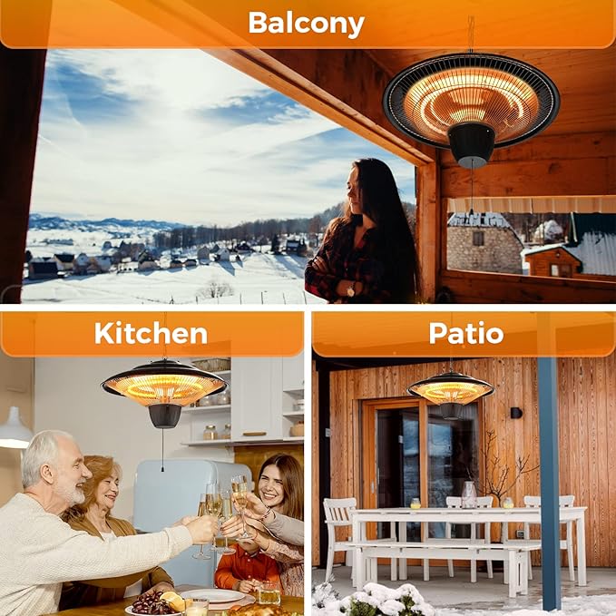 Air Choice Outdoor Heaters for Patio, 1500W Infrared Electric Patio Heater for Ceiling/Garage Use, Hanging Patio Heater with Adjustable Chain Length, Overheat Protection, Ideal for Outdoors and Garage