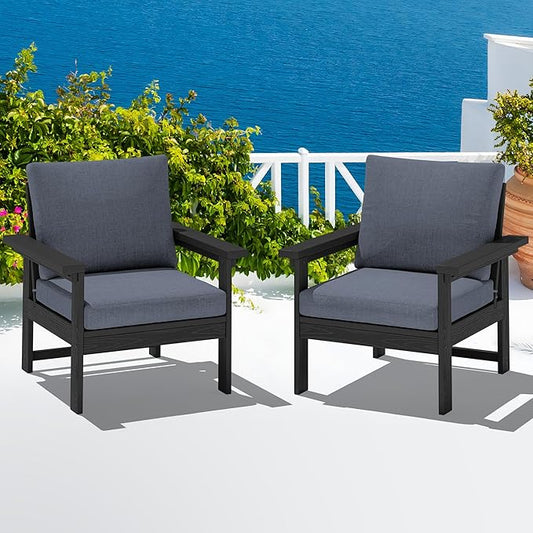 SERWALL Outdoor Patio Sofa Set, 2-Piece HDPE Single Seat Outdoor Sofa Chair with Padded Cushions, Black Frame with Grey Cushion