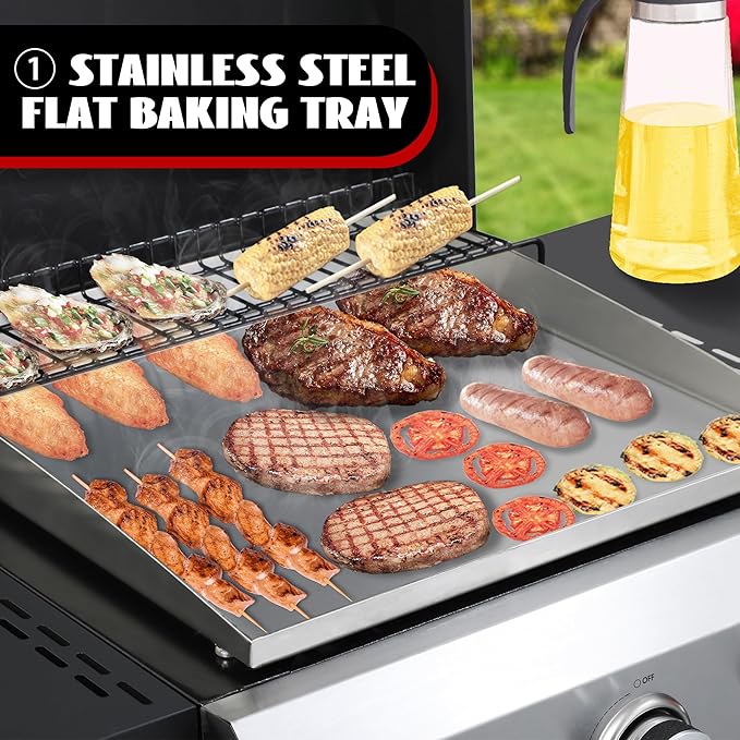 3-Burner Flat Top Propane Gas Grill Stainless Steel Griddle Combo with Foldable Side Table, 36,900 BTU Outdoor BBQ Grill, Porcelain-Enameled Cast Iron Grids, for Backyard, Patio Cooking