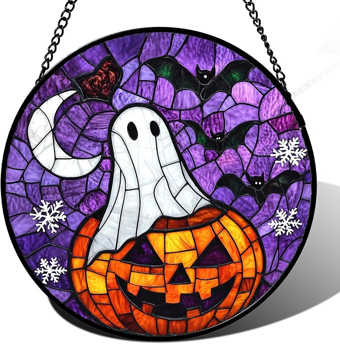 Stained Glass Window Hanging Halloween Horror Pumpkin 7.8" - Suncatcher Door Garden Sunroom Gothic Style Ghost Bat Sun Catcher Birthday for Friend Mom Men Woman Nana