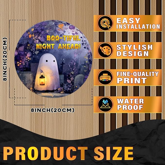 PEACHGARDEN Vintage Bootiful Night Ahead Ghost Metal Tin Sign Halloween Decor Gothic Wall Art Retro Plaque Spooky Home Kitchen Decor 8x8inch