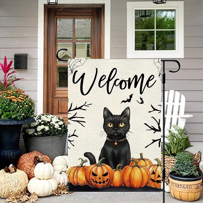 DLZDN Welcome Halloween Black Cat Garden Flag Jack O Lantern Flag 12×18 Inch Double Side Vertical Burlap Farmhouse Yard Sign Holiday Seasonal Outdoor House Decoration