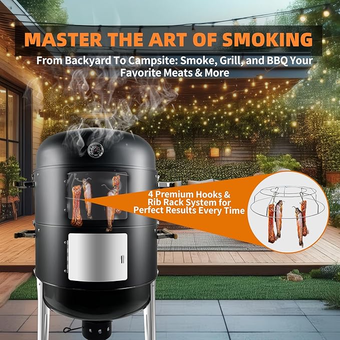 Realcook Vertical Charcoal Smoker Grills: Premium 20.5 Inch BBQ Meat Smokers - Barbecue Charcoal Grill Smoker Combo for Outdoor Cooking Patio Backyard Picnic Party Grilling