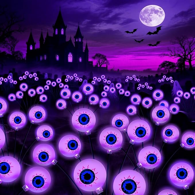 Kohlrabi Halloween Decorations Outdoor, 6 Pack 36 LED Solar Scary Eyeball Swaying Lights, Purple Solar Firefly Light Waterproof Outdoor Garden Lights for Halloween Yard Garden Lawn Party Flower Bed