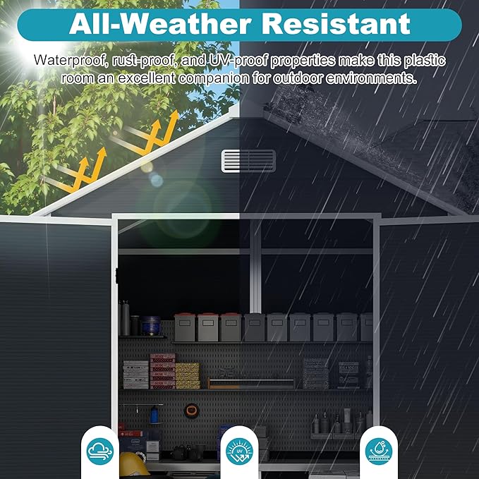 6x6 FT Plastic Outdoor Storage Shed, Resin Plastic Tool Shed with Lockable Doors & Peaked Roof, Garden Shed with Side Window & Floor, for Backyard Garden Patio Lawn, Dark Gray