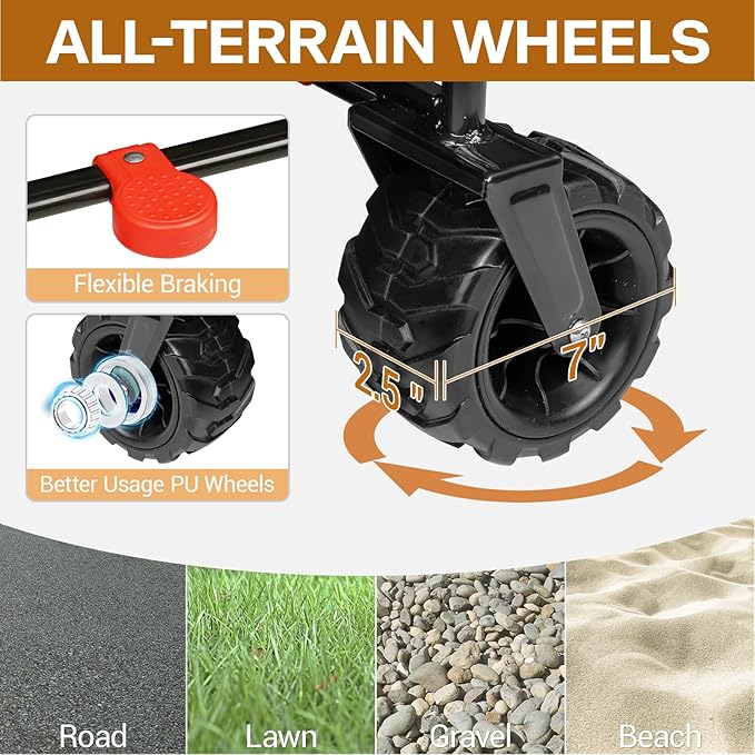 Taifa Foldable Collapsible Wagon Cart with Extra Push Pull Handle, Heavy Duty Portable Folding Beach Utility Grocery Wagon Cart with Big Wheels and Brakes for Sand, Camping, Shopping, Black and Orange