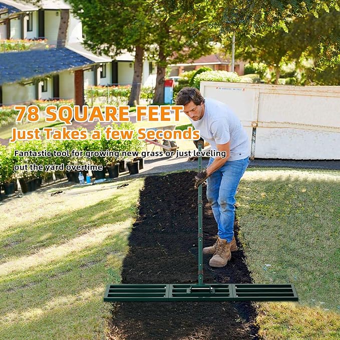 Lawn Leveling Rake Heavy Duty Stainless Steel Lawn Leveler Tool 45”x10” with 78” Adjustable Long Handle Yard Level Rake for Soil, Ground,Backyard Dressing,Golf Field,Garden Tools Grass Seed