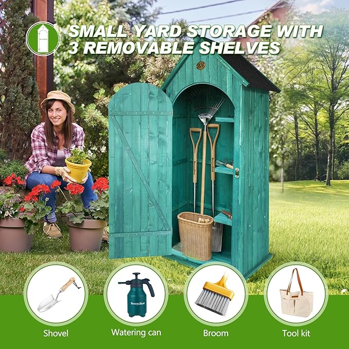 Berry&Bird Small Outdoor Storage Shed, Woodn Garden Storage Caninet Waterproof Vertical Sheds with Floor, Lock & Shelves, Mini Outside Tool Tinyhouse for Patio Backyard Lawn(Green,25.9”x 21.9”x 72.6”)