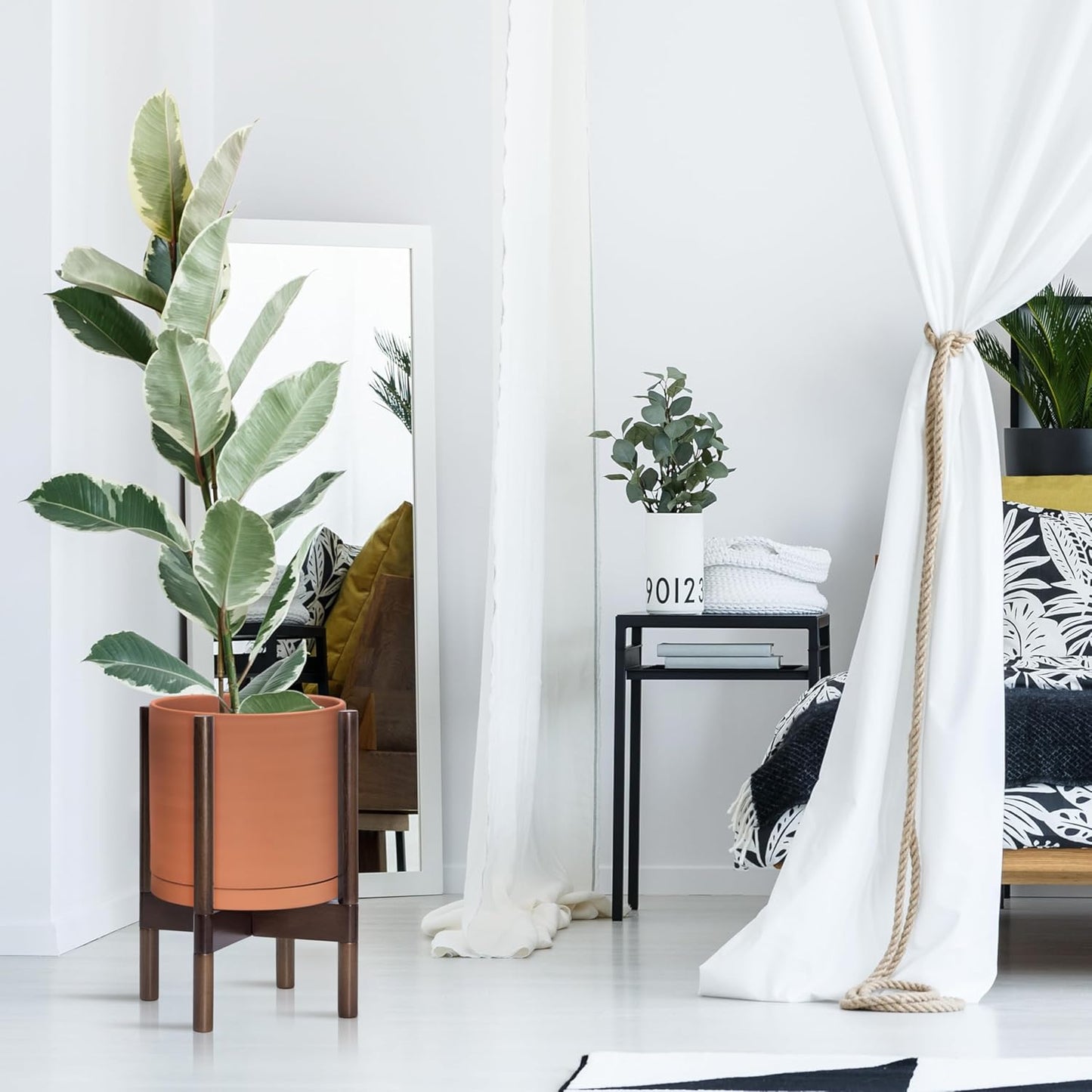 D'vine Dev Terracotta Planter with Walnut Color Stand - 10 Inch Modern Round Flower Pot with Wood Planter Holder, Terracotta, 55-B-X-5