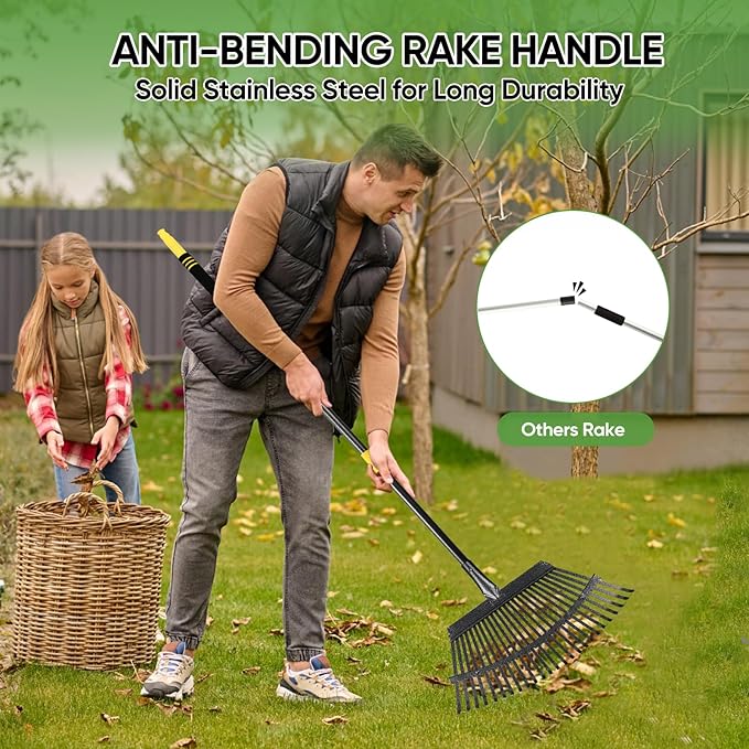 Garden Leaf Rakes, 6FT Rake for Lawns Heavy Duty 25 Metal Tines 18.5 inch Wide, Adjustable Steel Handle, Rakes for Leaves, Gathering Shrub, Grass, Flower Beds