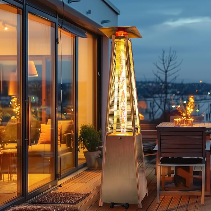 48,000 BTU Flame Pyramid Pool Heater, Stainless Steel Triple Safety Protection Patio Heater with Patio Cover, Warm Glass Tube Portable with Durable Wheels-Stainless Steel Color
