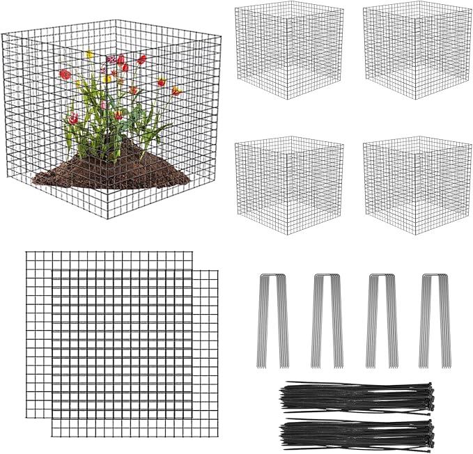 5 Pack Wire Plant Protectors Square Wire Plant Cages Mesh Plant Cage Chicken Wire Cloche with 20 Ground Stakes and 100 Nylon Ties Protect Plants, Garden,Shrubs and Vegetables from Animals, 12x12 inch