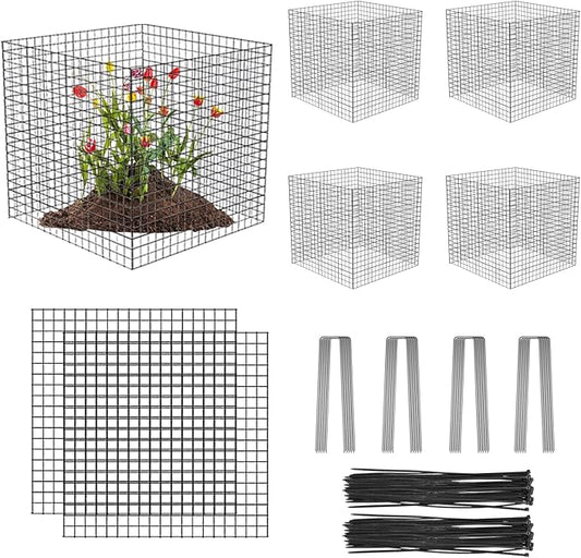 5 Pack Wire Plant Protectors Square Wire Plant Cages Mesh Plant Cage Chicken Wire Cloche with 20 Ground Stakes and 100 Nylon Ties Protect Plants, Garden,Shrubs and Vegetables from Animals, 12x12 inch