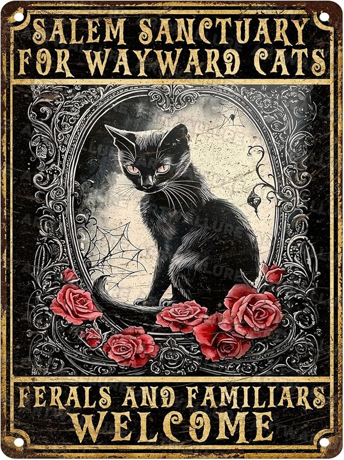 Halloween Black Cat Vintage Sign Salem Sanctuary For Wayward Cats Halloween Metal Sign for Home Bar Kitchen Hotel Dining Room Coffee 12x16inch