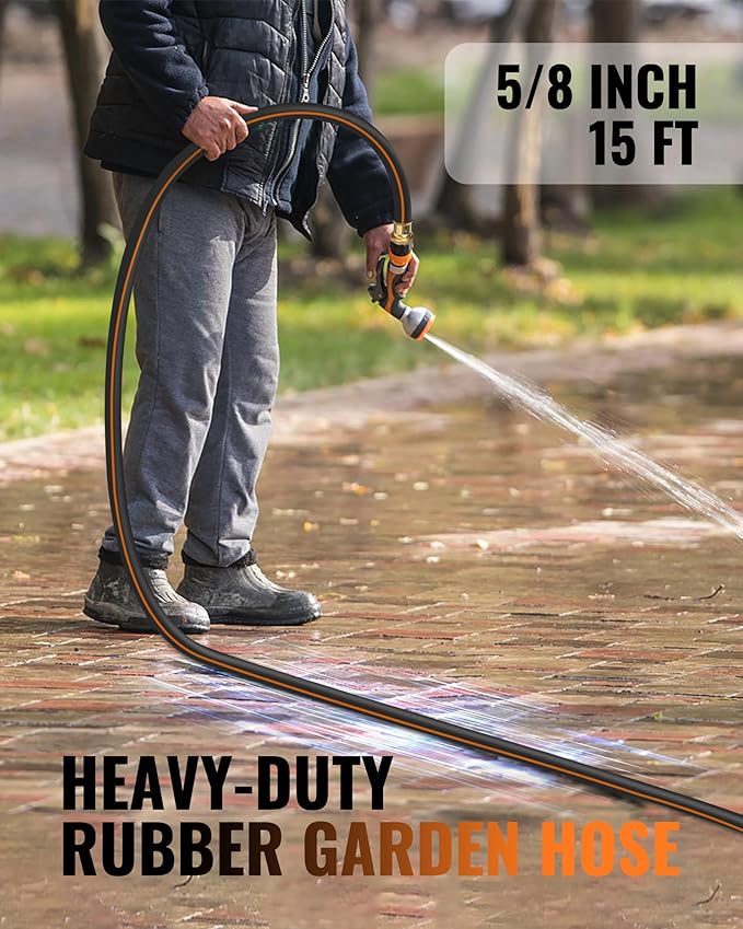 15FT x 5/8" Garden Hose, Heavy Duty 15 Foot Rubber Garden Hose, 300 PSI Working, 1000 PSI Burst, Swivel Handle with Stainless Steel Ring, 5-Layer Braided, All-Weather Outdoor Use, BG15GH06