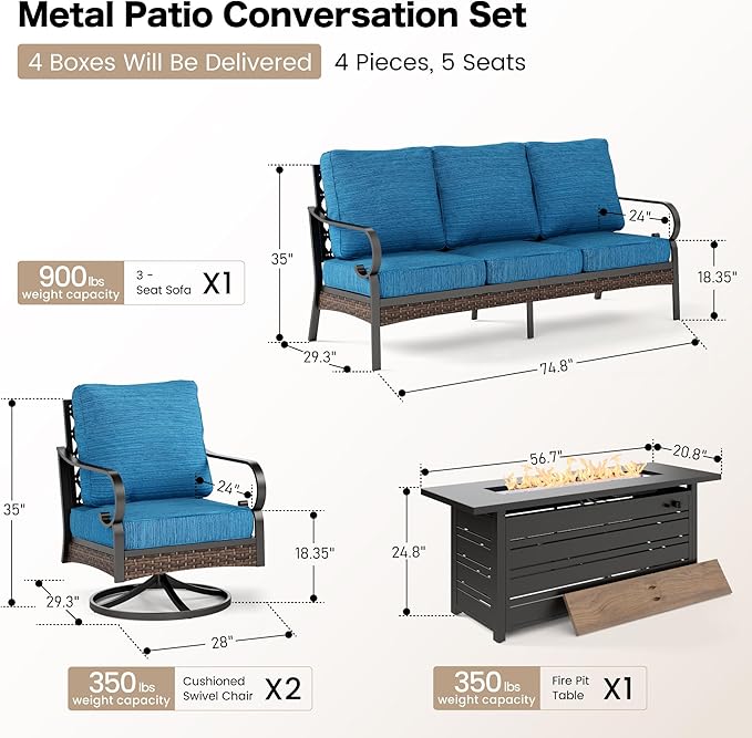 4 Piece Black Metal Outdoor Patio Furniture Sets with Firepit Table, Patio Conversation Sets 1 3-Seater Sofa, 2 Swivel Sofa with 5.75" Thick Cushion Backyard Furniture for Deck, Blue-2