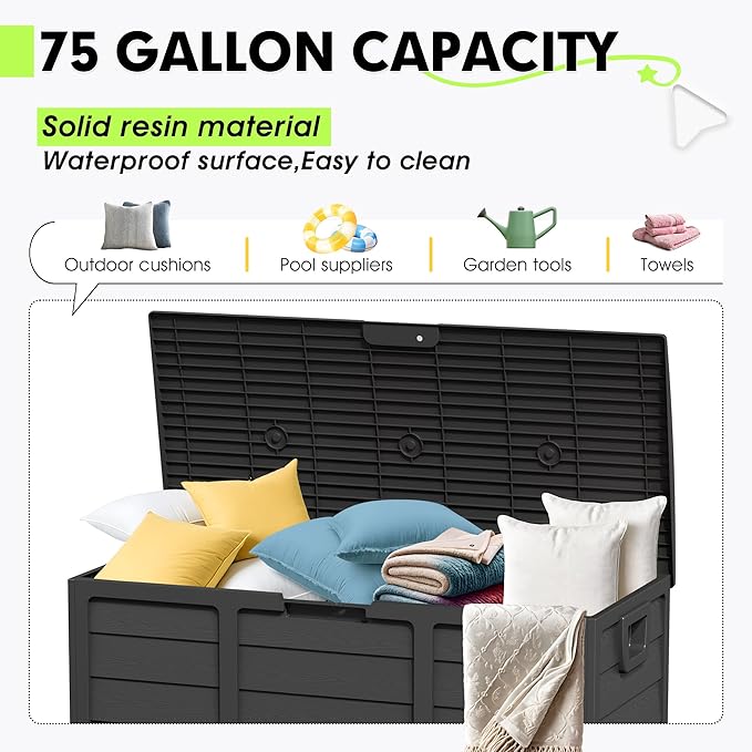 75 Gallon Outdoor Deck Box - Durable Resin Storage with Lockable Lid, for Patio Furniture Cushions, Pillows (Black)