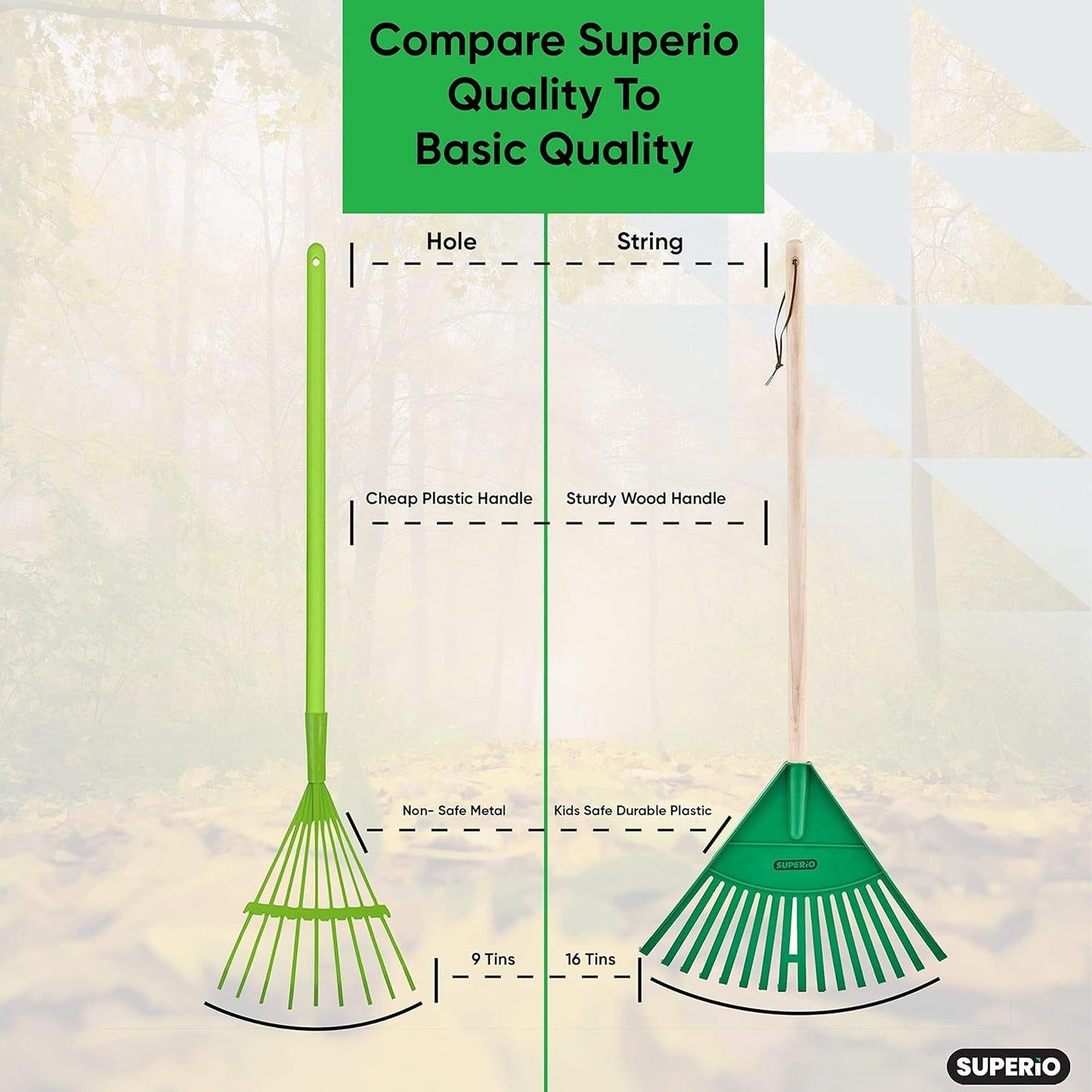 Pack of 12 Rake with Hardwood Handle, Durable Plastic Head to Sweep Leaves in Lawn and Tidying Up The Garden, 34" (Green)