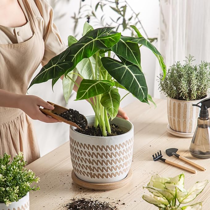 Ceramic Flower Pots Indoor-Outdoor: 7.75 Inch Large Planters with Drainage Holes & Saucer - Modern Decorative Plant Pots Ceramic for Home Gardeners (Wave)