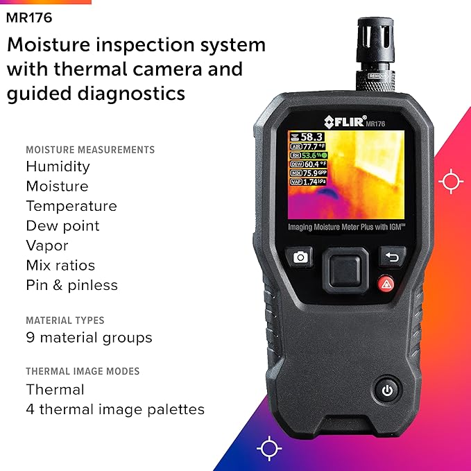 FLIR MR176 - Thermal Imaging Moisture Meter - with IGM (Infrared Guided Measurement), Replaceable Hygrometer, Pin and Pinless