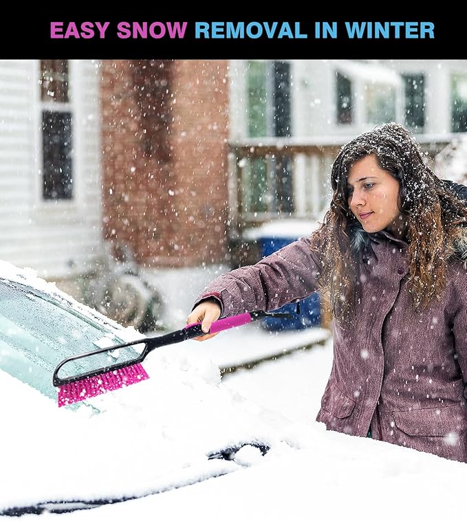 YeewayVeh 35 inch Snow Brush and Ice Scraper, 2 Pack Extendable Car Snow Scraper and Brush with Soft Grip & Additional Handhold, Scratch-Free Windshield Scraper for Ice and Snow, Magenta & Lake Blue