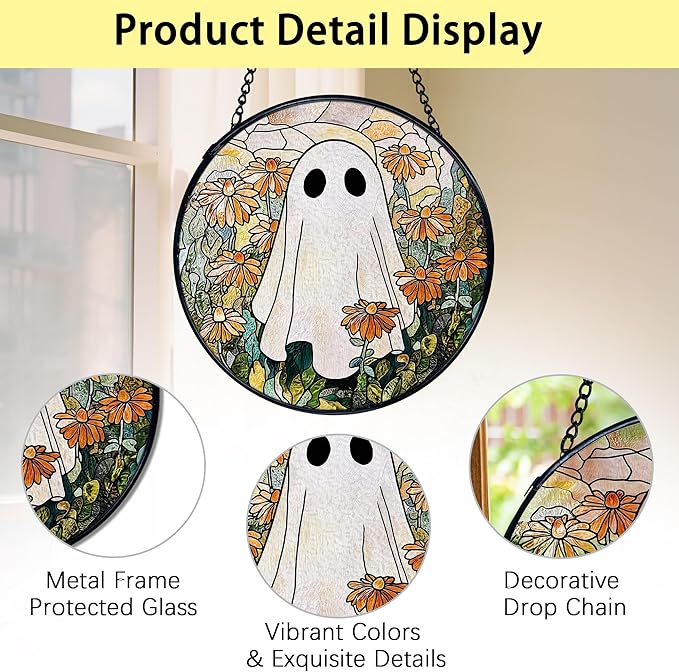 TNUW Halloween Ghost Stained Glass Window Hanging, Ghost Flower Sun Catchers Indoor Window Glass Round Wall Art Decor, Halloween Floral Wall Hanging Decorations, 7.9＂x7.9＂