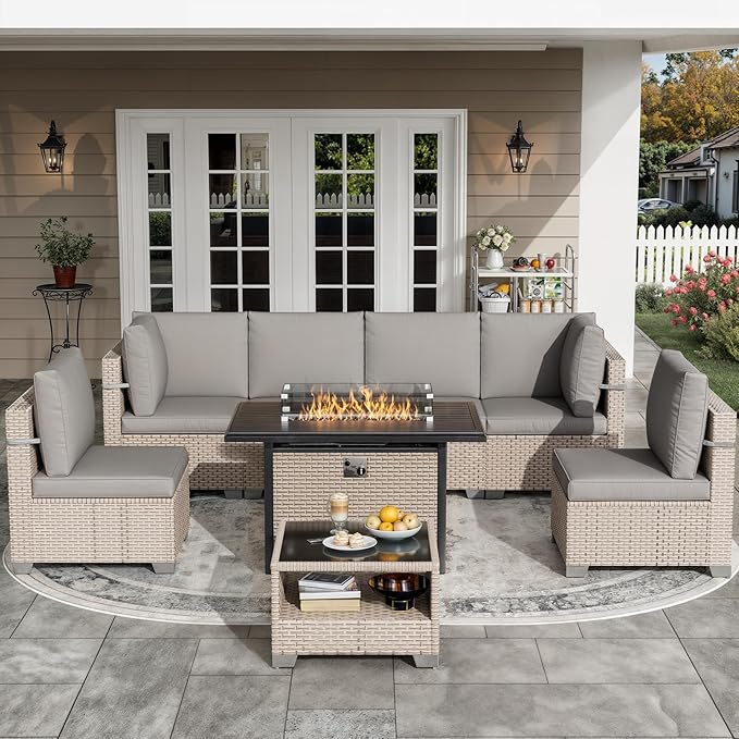 8 Pieces Patio Furniture Set with Fire Pit Table, Outdoor Sectional Wicker Sofa with Thick Cushions and Storage Coffee Table, Rattan Patio Conversation Sets, Grey