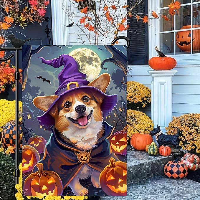 Halloween Decorations Outdoor Garden Flag 12x18 Inch Double Sided Corgi Dog Witch Hat Pumpkin Fall Decor Yard Lawn Porch Patio Halloween Garden Flags
