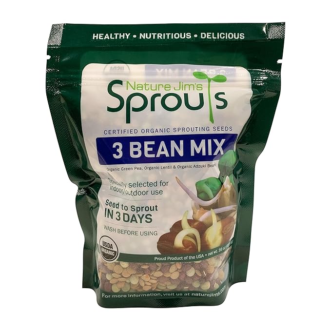 Nature Jims Sprouts 3 Bean Seed Mix - Certified Organic Green Pea, Lentil, Adzuki Bean Seeds for Planting - Non-GMO Vegetable Seeds - Resealable Bag for Freshness - Fast Sprouting Bean Seeds - 16 Oz