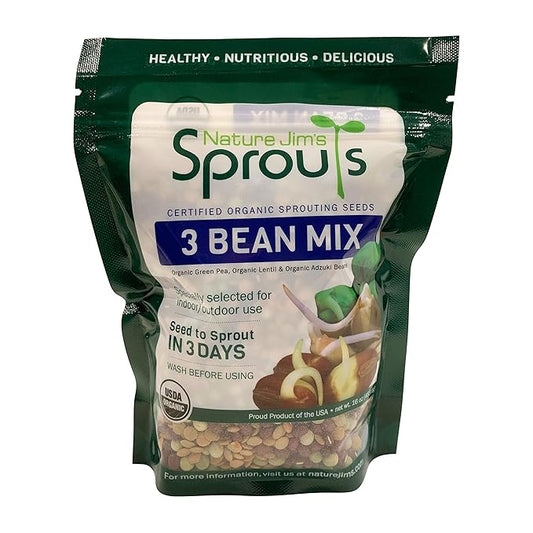 Nature Jims Sprouts 3 Bean Seed Mix - Certified Organic Green Pea, Lentil, Adzuki Bean Seeds for Planting - Non-GMO Vegetable Seeds - Resealable Bag for Freshness - Fast Sprouting Bean Seeds - 16 Oz