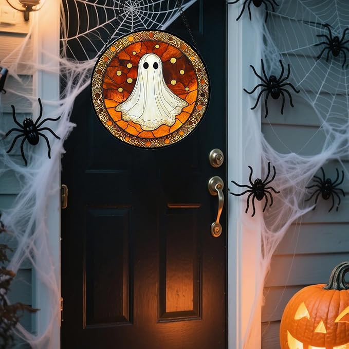 Stained Glass Window Hanging - Halloween Decorations White Ghost Suncatcher for Doors Garden Indoor Spooky Funny Orange Sun Catchers Gothic Decor Horror Gifts for Women Men Friend 15 in
