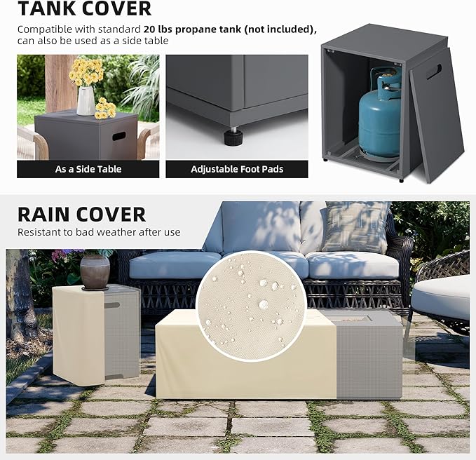 UPHA 42-inch Outdoor Propane Gas Fire Pit Table 50000 BTU Iron Rectangle Firepit for Outside Patio with Tank Hidden Table, Wind Guard, Removable Lid, Gold Glass Rocks, Rain Cover, Dark Grey