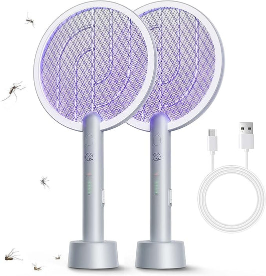 Electric Fly Swatter Racket, 2 in 1 Bug Zapper with USB Rechargeable Base, 4000 Volt Mosquito Killer with 3-Layer Safety Mesh for Pest Insect Control for Indoor、Office、Backyard、Camping（Gray-2 Pack）