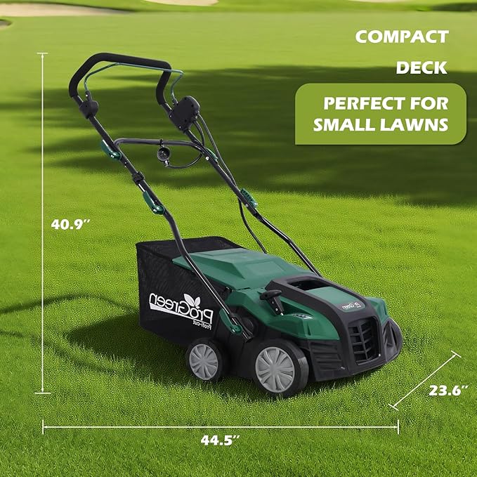 16-Inch Dethatcher Garden Scarifier Electric Powered,15-Amp 4-Position Depth Adjustment,2 in 1 Walk Behind Thatch Removing Quick-Fold Machine with 58 QT Removable Collection Bag for Lawn